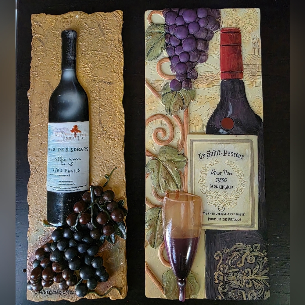 Wine Wall Art Plaques, 2 Hand Painted Resin Tiles & 2 Wood